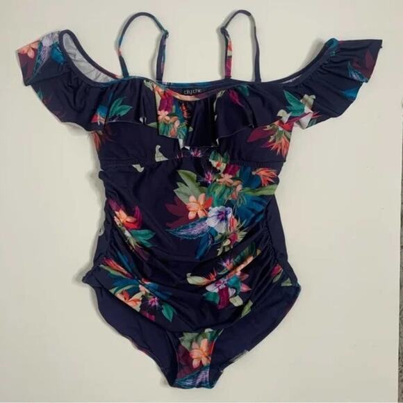 City Chic Elba Tropical Ruffle Off Shoulder One Piece Bathing Suit plus 22 24 2X - Picture 5 of 14